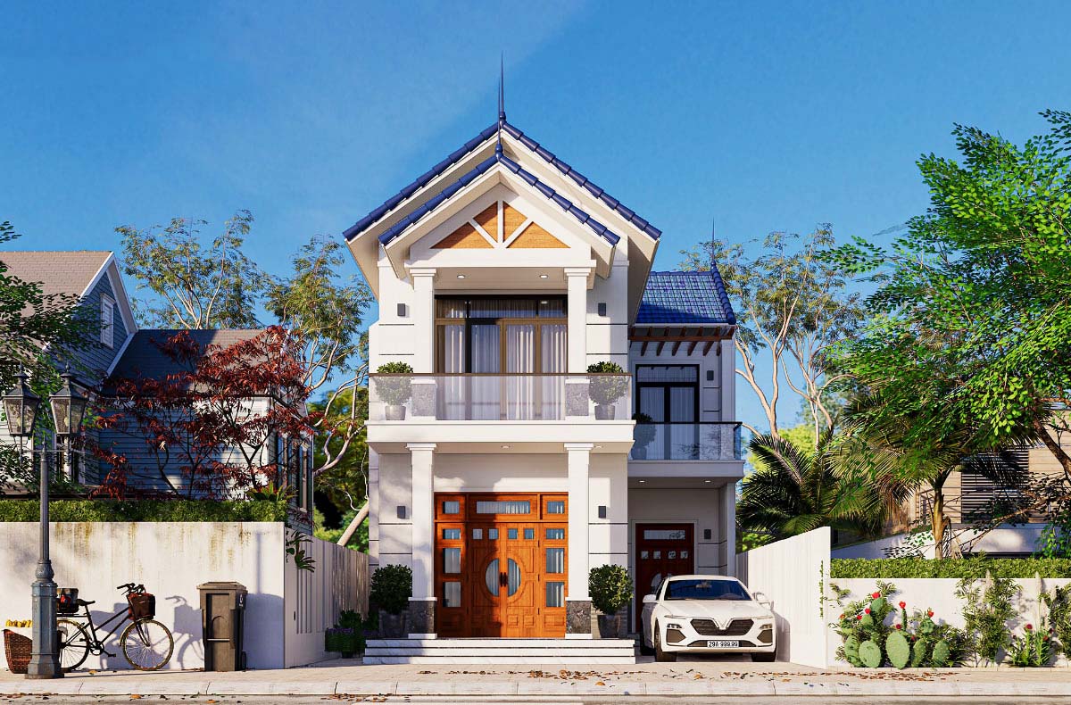 Mẫu nhà ống 2 tầng mái tôn đẹp thiết kế chữ A kết hợp với các thanh gỗ rắn tạo sự cứng cáp