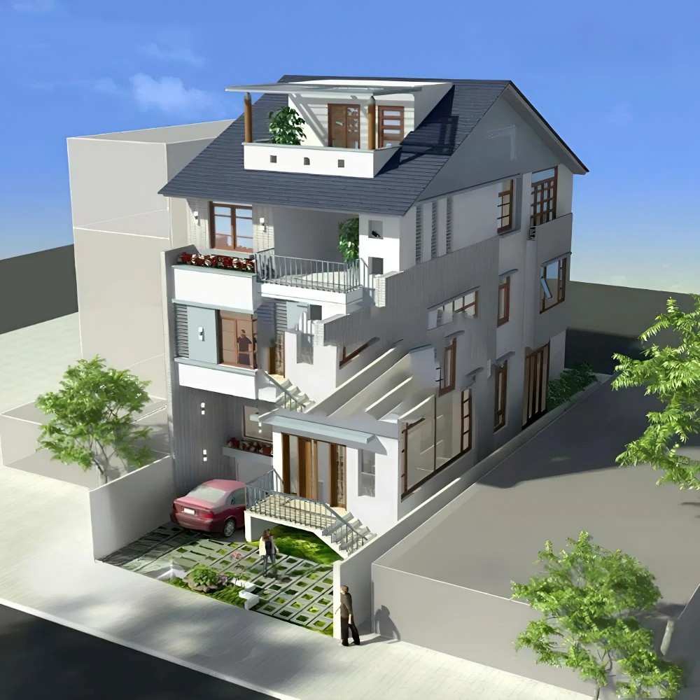 Mẫu nhà biệt thự phố với tầng hầm chìm 