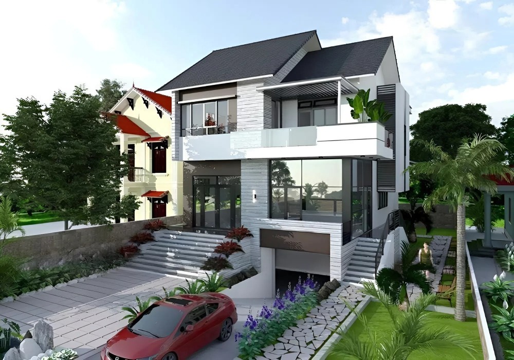 Mẫu nhà biệt thự hiện đại với tầng hầm gara chìm