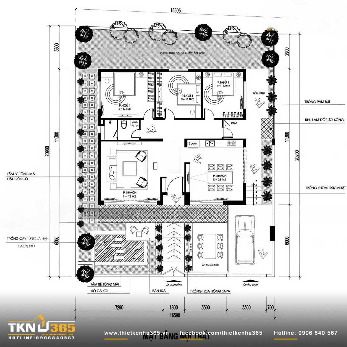 Mặt bằng công năng 16x20m 1 tầng mái nhật ở phú quốc