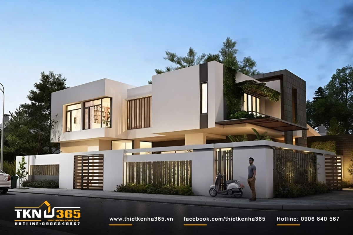 50+ Mẫu thiết kế nhà 2 mặt tiền kinh doanh đẹp, hiện đại 5 Ngôi nhà với thiết kế không gian mở nhiều cửa sổ, có gara ô tô và tiểu cảnh xanh