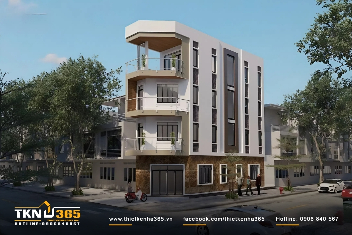 50+ Mẫu thiết kế nhà 2 mặt tiền kinh doanh đẹp, hiện đại 17 Kiến trúc nhà hai mặt tiền bốn tầng đẹp truyền thống với đá ốp marble màu vàng cát