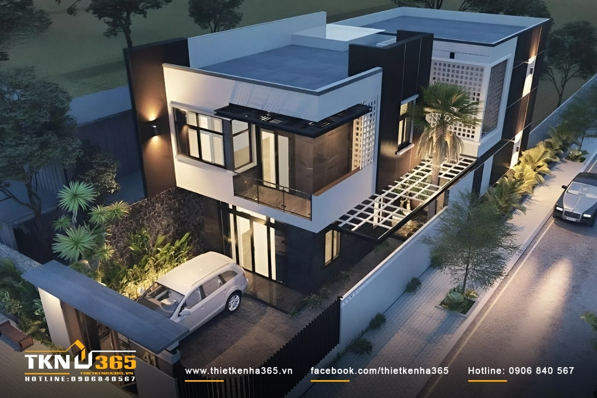 50+ Mẫu thiết kế nhà 2 mặt tiền kinh doanh đẹp, hiện đại 7 Thiết kế nhà ống 2 mặt tiền với các cửa sổ bên hông thông thoáng, các mảng sơn giả gỗ kẻ ron nhằm tạo điểm nhấn cho phần mặt tiền