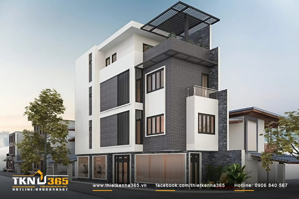 50+ Mẫu thiết kế nhà 2 mặt tiền kinh doanh đẹp, hiện đại 15 Nhà 2 mặt tiền 4 tầng kiến trúc hiện đại với gam màu đen chủ đạo, cửa sổ và cây xanh trang trí