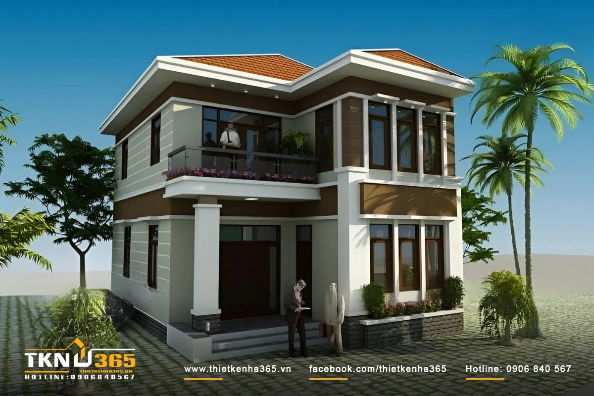 55+ Mẫu thiết kế nhà 2 tầng 100m2 đẹp, thông thoáng 17 Phối cảnh mặt tiền mẫu nhà 2 tầng đẹp 100m2 chữ L