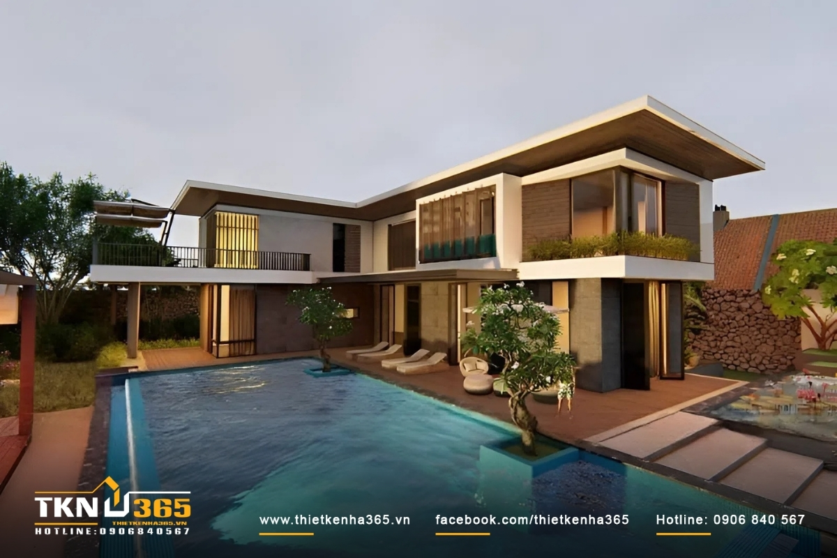 55+ Mẫu thiết kế nhà 2 tầng 100m2 đẹp, thông thoáng 9 Mẫu nhà đẹp 2 tầng 100m2 mái bằng hiện đại có bể bơi