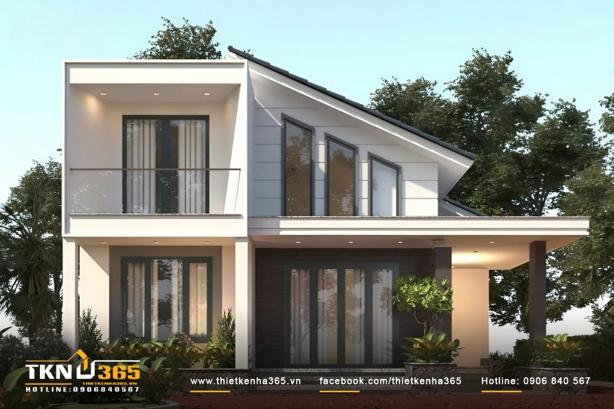 55+ Mẫu thiết kế nhà 2 tầng 100m2 đẹp, thông thoáng 8 Thiết kế nhà diện tích 100m2 với kiến trúc mái cách điệu cá tính, hiện đại