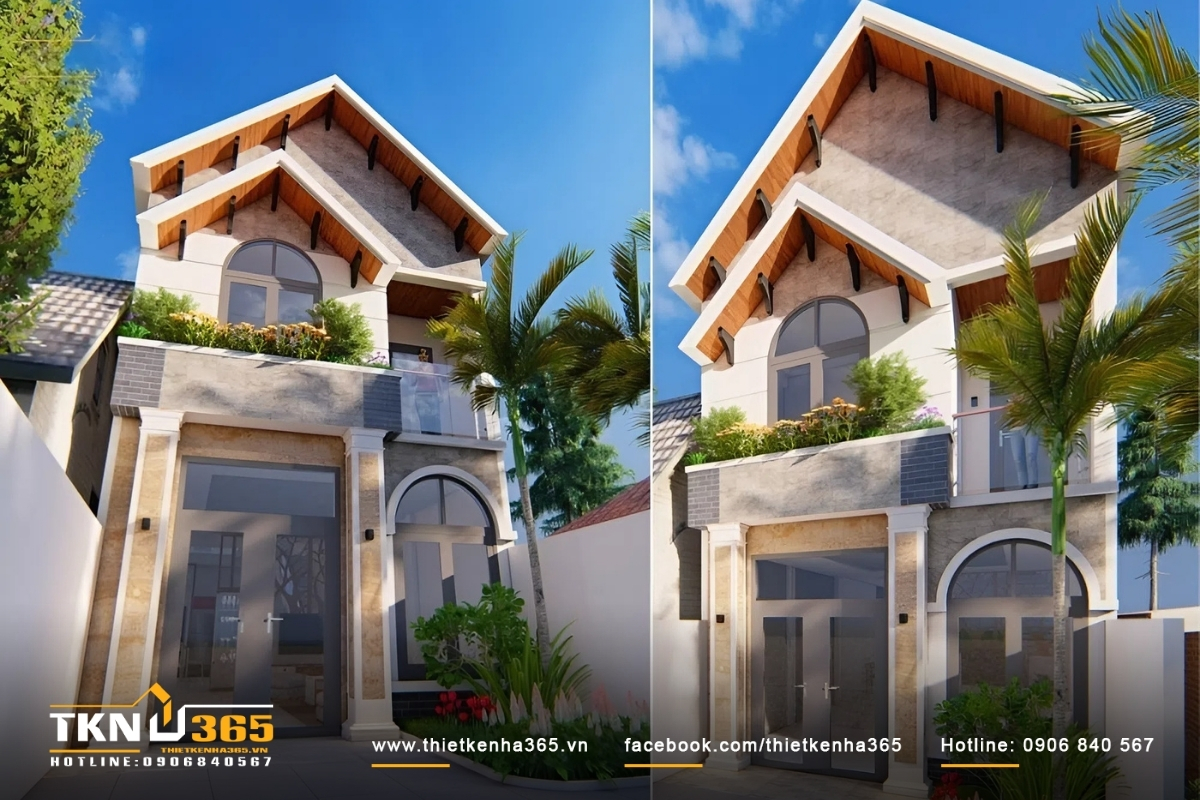 55+ Mẫu thiết kế nhà 2 tầng 100m2 đẹp, thông thoáng 4 Thiết kế nhà mặt phố 2 tầng 100m2 mái thái