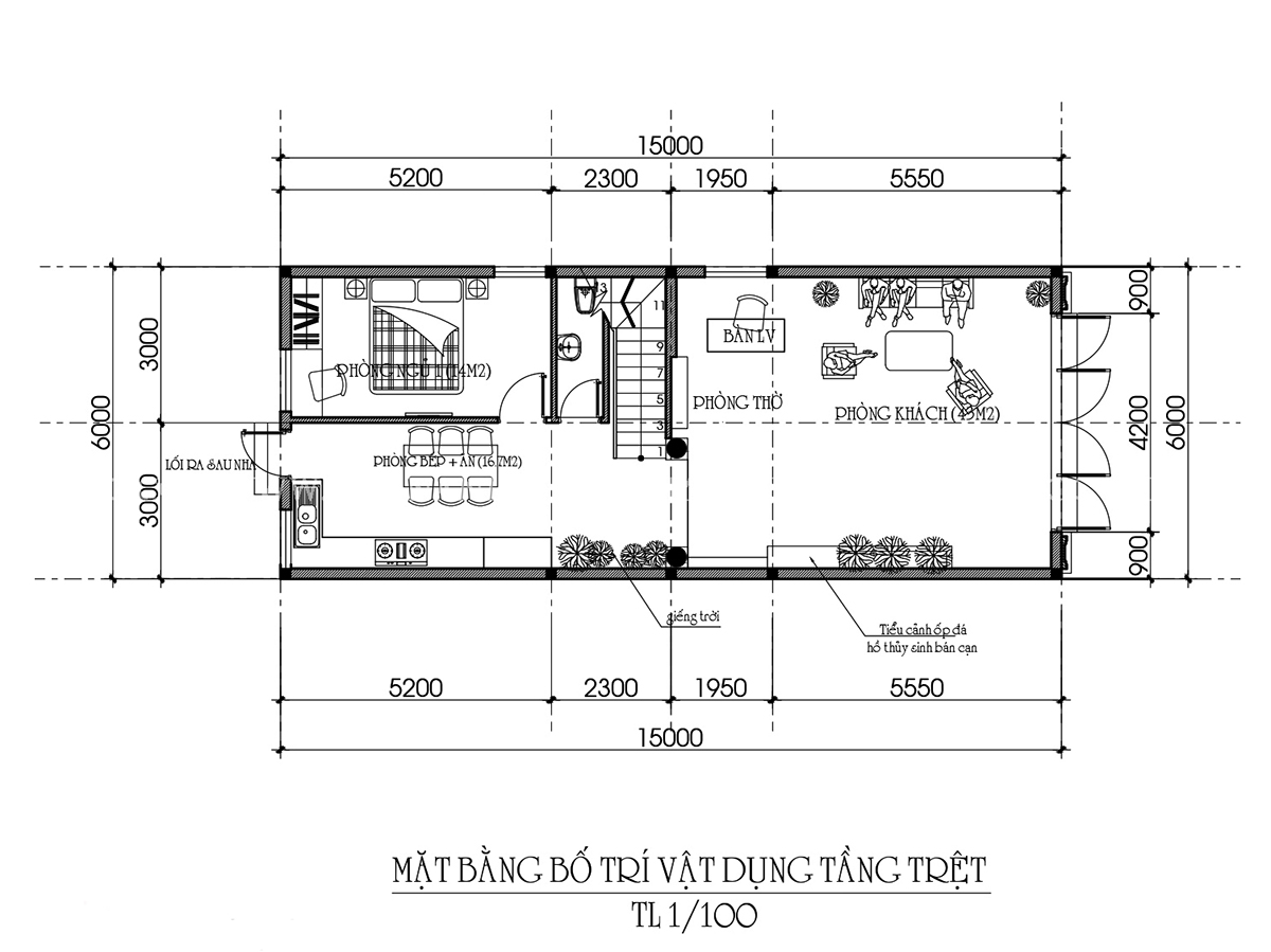 Tầng trệt sẽ bao gồm phòng khách, phòng ăn, 1 phòng ngủ và 1 WC