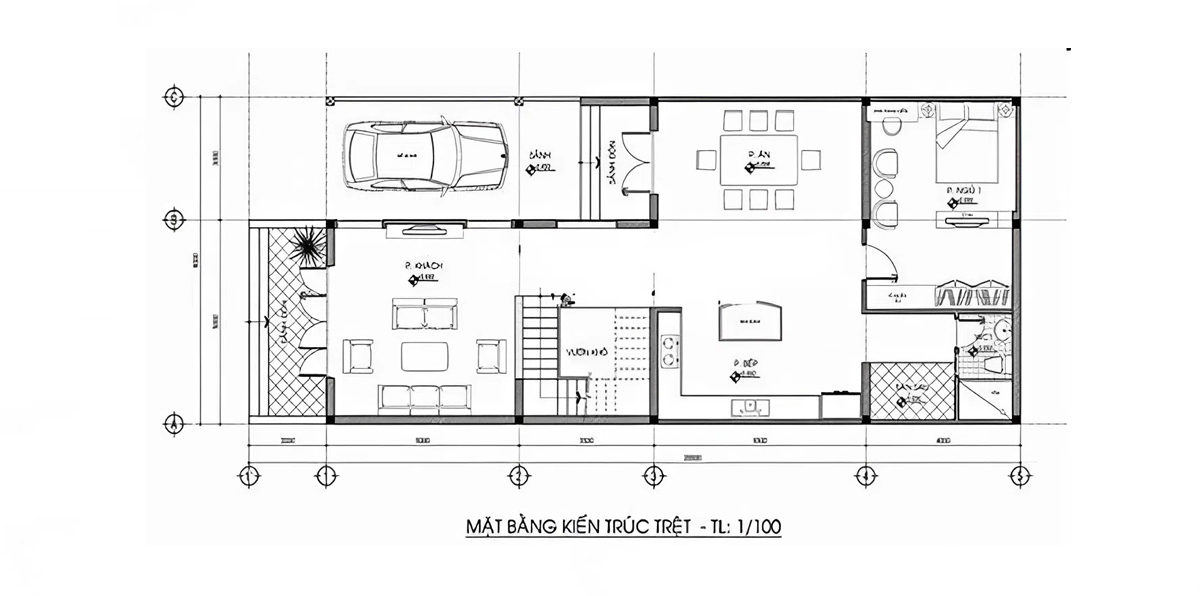 Bản vẽ mẫu thiết kế nhà 2 tầng 6x15 chữ L - Mặt cắt tầng trệt