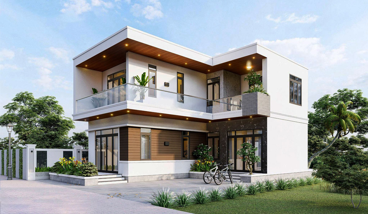 Mẫu nhà 2 tầng chữ L 6x15  có ban công và gara ô tô
