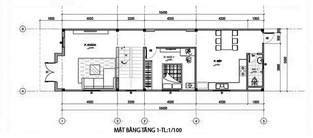 Bản vẽ thiết kê nhà 2 tầng 6x15 3 phòng ngủ - Mặt bằng tầng 1