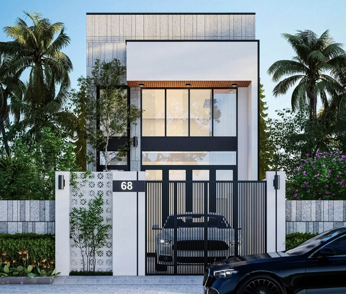 Mẫu thiết kế nhà 2 tầng 6x15 có giếng trời đẹp hiện đại, nhiều cây xanh