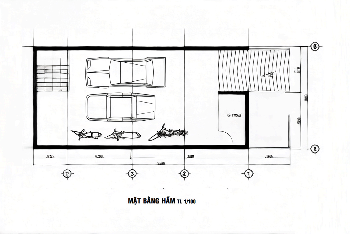Bản vẽ mẫu thiết kế nhà 2 tầng 6x15 có tầng bán hầm - Mặt bằng hầm