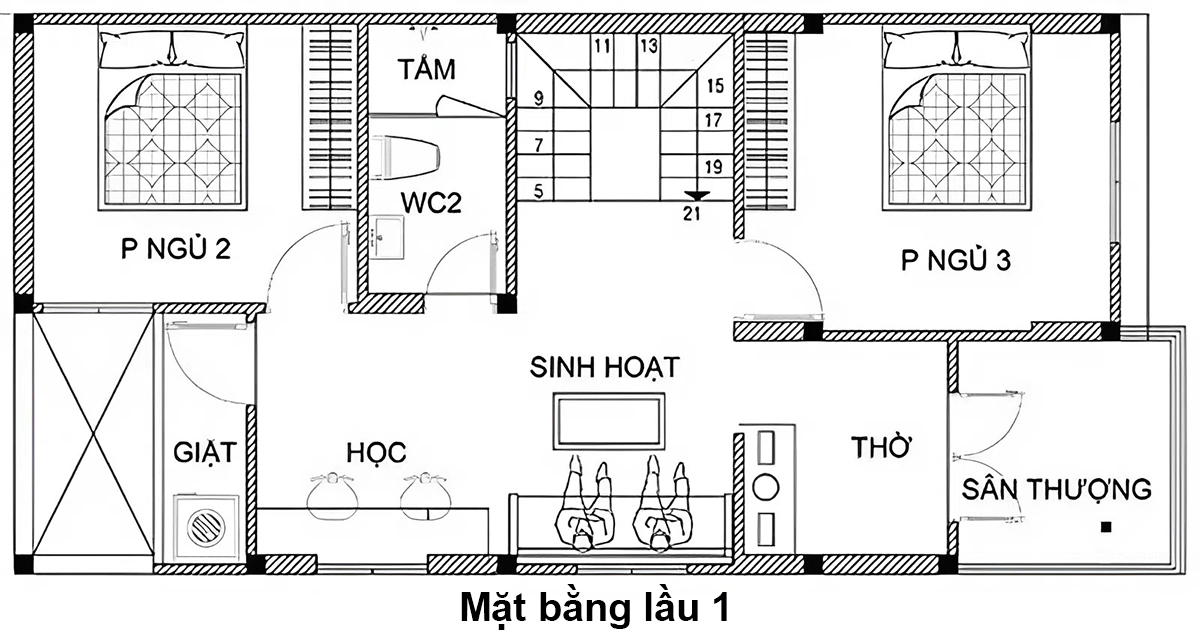 Bố trí mặt bằng tầng 2 của ngôi nhà 2 tầng 6x15