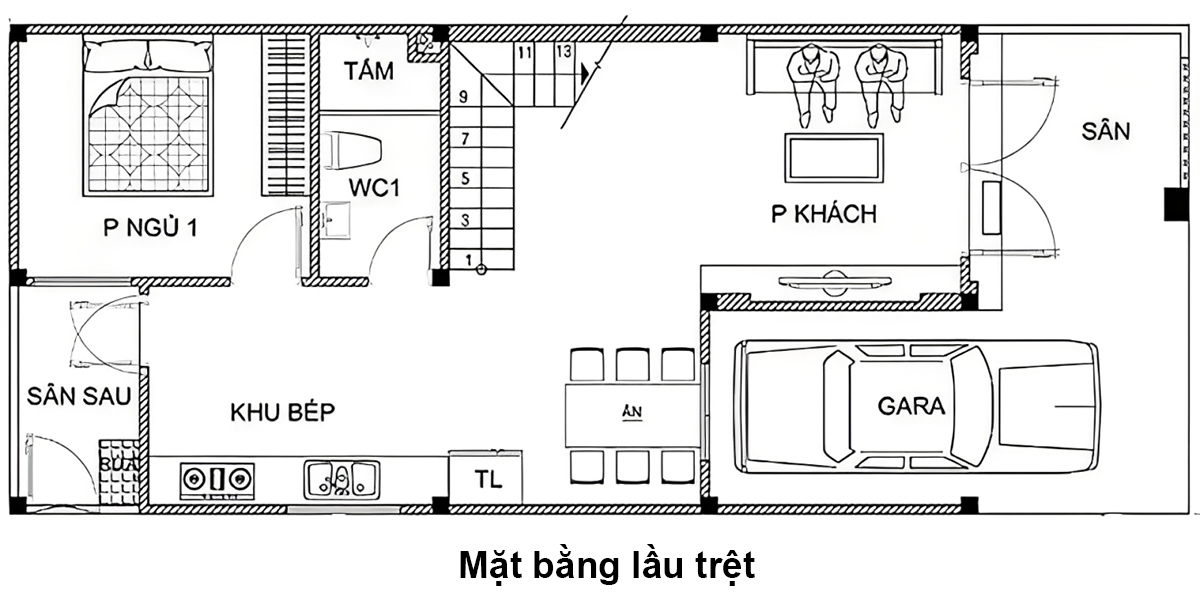 Bố trí mặt bằng tầng 1 của ngôi nhà 2 tầng 6x15