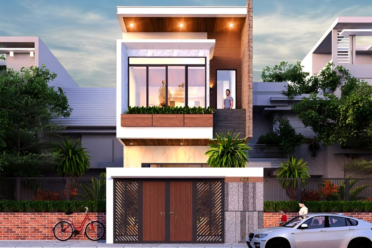 Ban công của ngôi nhà 6x15 2 tầng được trồng cây xanh tươi mát