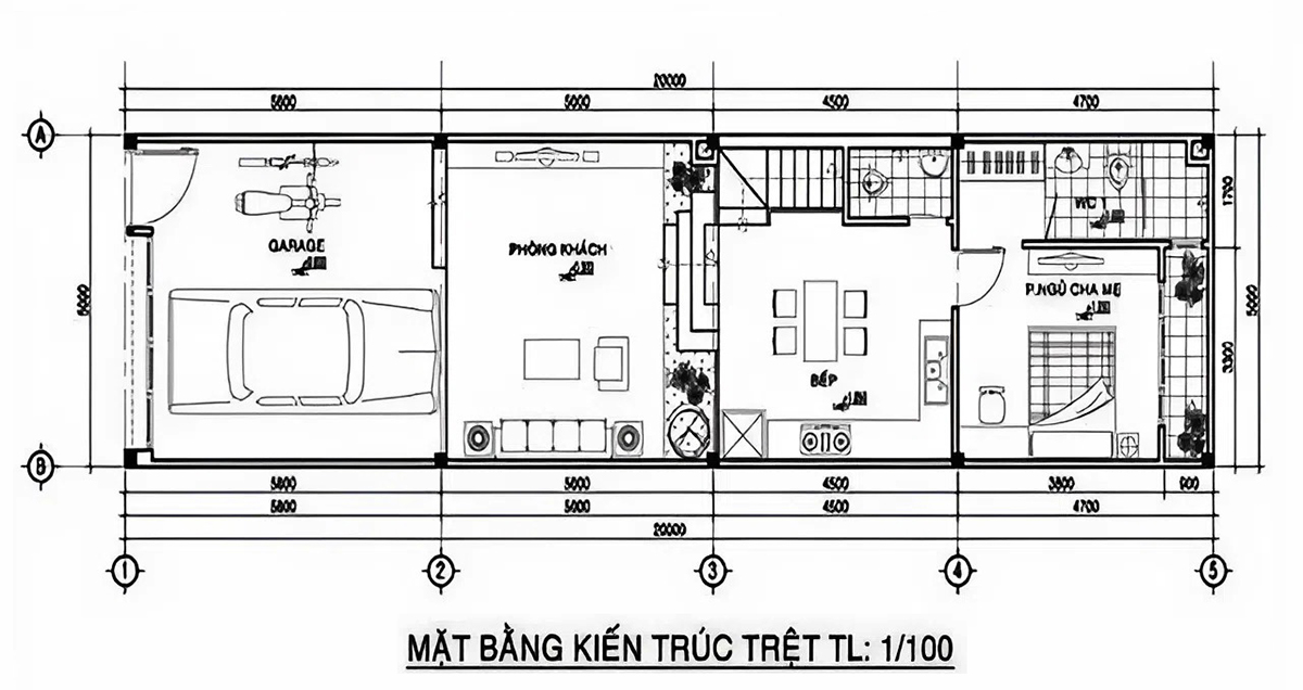 Bố trí mặt bằng công năng tầng trệt của nhà 2 tầng 6x15m