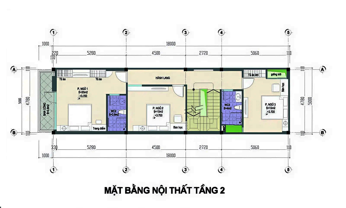 Bản vẽ mẫu thiết kế nhà ống 2 tầng 6x15 - Mặt bằng tầng 2