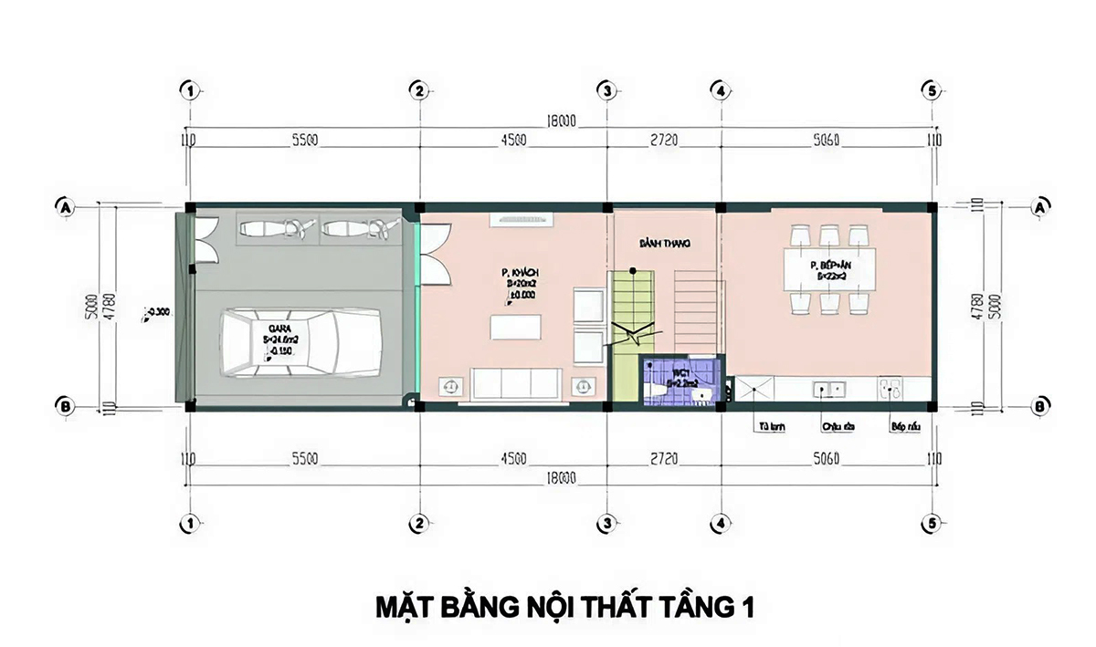 Bản vẽ mẫu thiết kế nhà ống 2 tầng 6x15 - Mặt bằng tầng 1