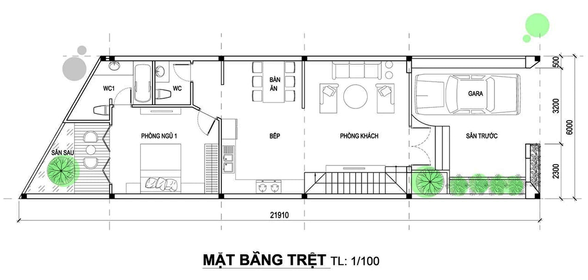 Mặt bằng công năng sử dụng của tầng trệt ngôi nhà 2 tầng