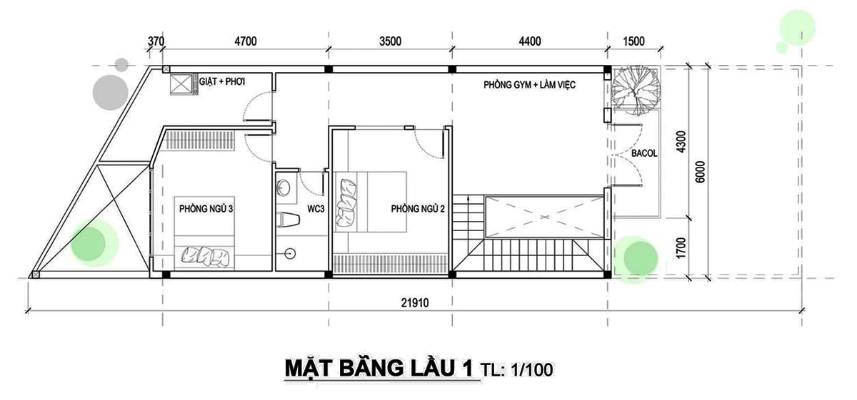 Mặt bằng công năng sử dụng của tầng lầu ngôi nhà 2 tầng này