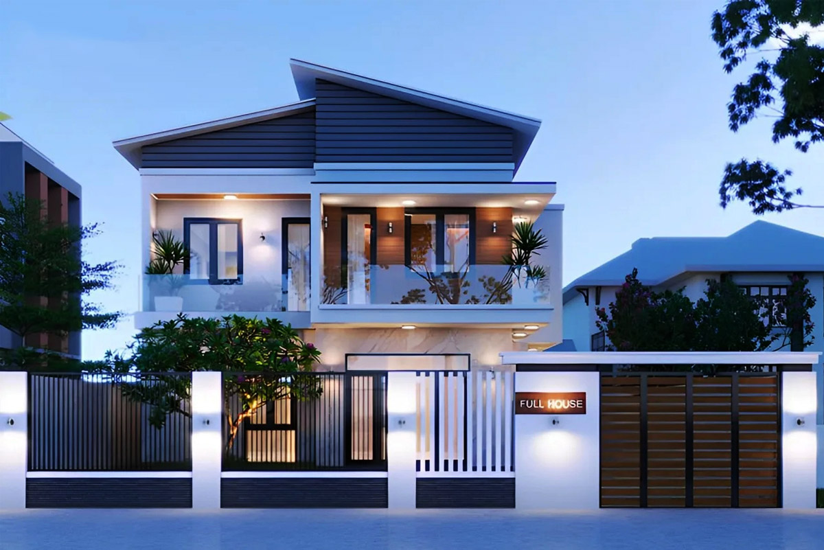 Mẫu thiết kế nhà 2 tầng 6x15 mái lệch