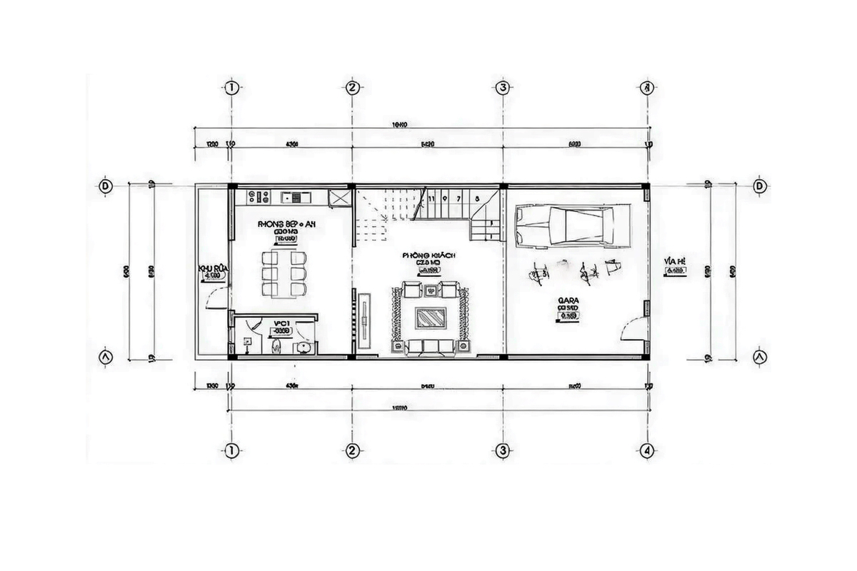 Bản vẽ thiết kê nhà 2 tầng 6x15 hiện đại - Mặt bằng tầng 1