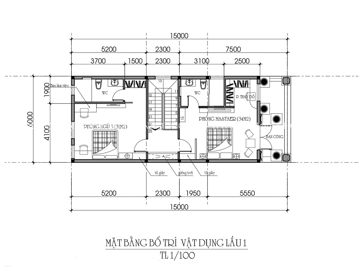 Lầu 1 sẽ bao gồm 1 phòng ngủ thường và 1 phòng ngủ Master có WC riêng và giếng trời