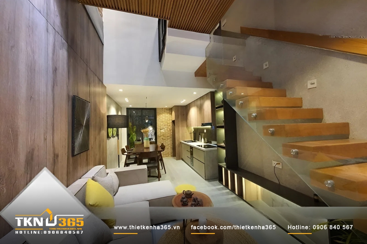 Thiết kế nhà nhỏ 15m2 có phòng khách thông với phòng bếp