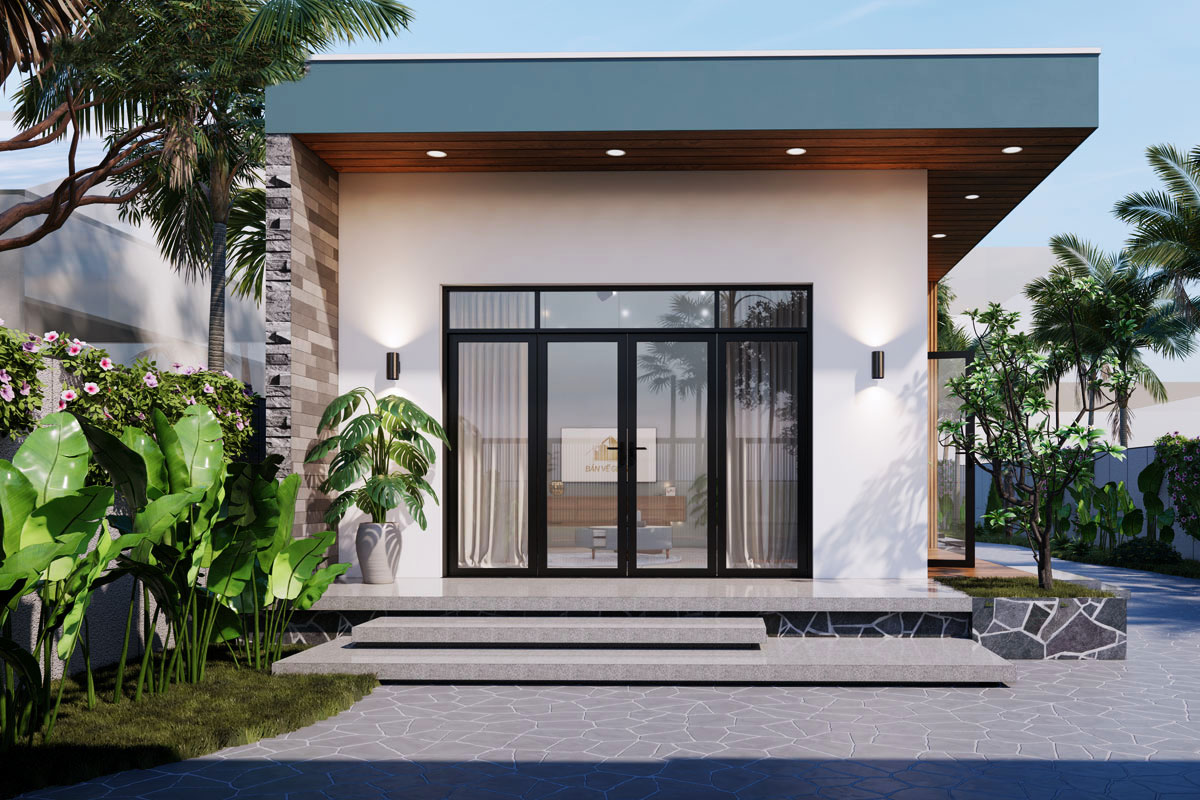 Mẫu thiết kế nhà 1 tầng 3 phòng ngủ 80m2 có mái bằng