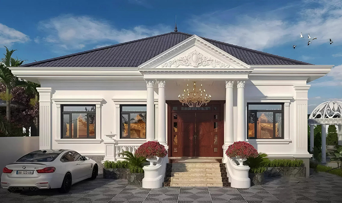 Thiết kế nhà 1 tầng 3 phòng ngủ 80m2 mái thái với phong cách tân cổ điển