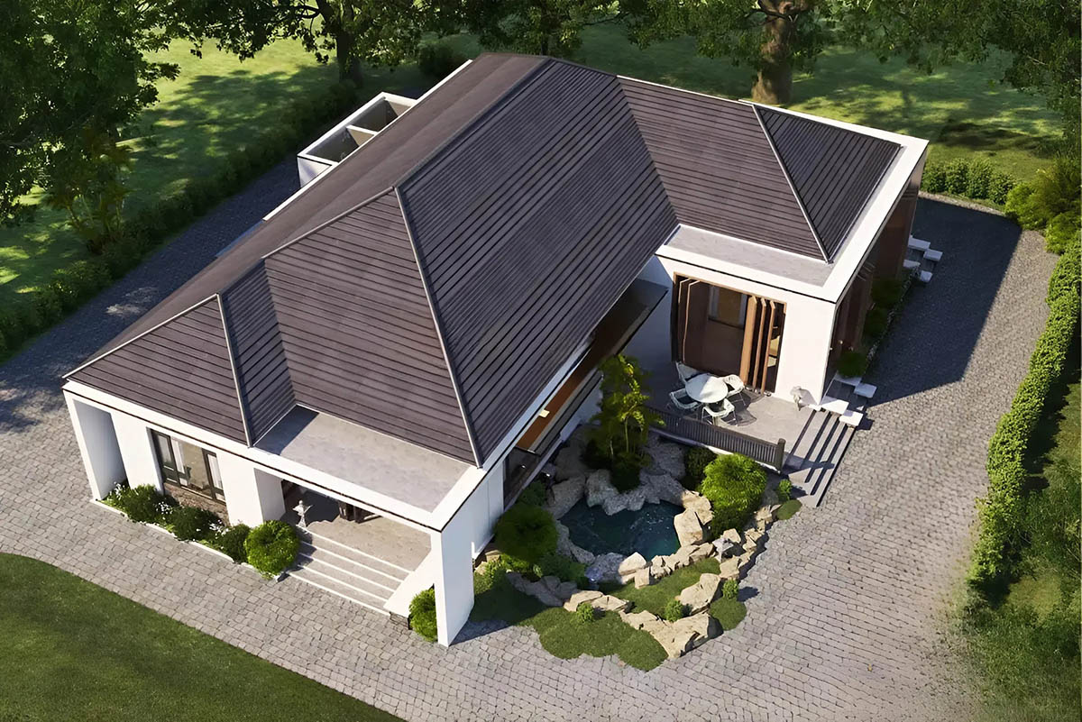 Thiết kế nhà chữ L 1 tầng 3 phòng ngủ 80m2 với hệ mái thái màu đỏ tươi truyền thống