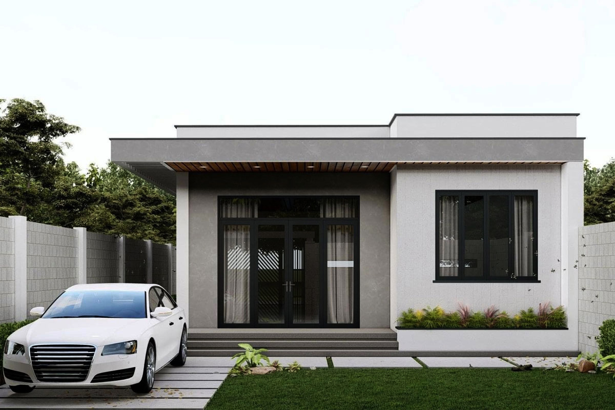 Mẫu nhà 1 tầng 3 phòng ngủ 80m2 có gác lửng với mái bằng
