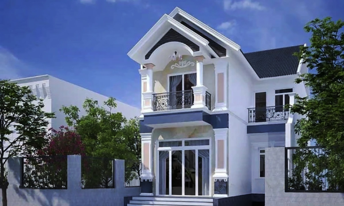 Nhà 2 mặt tiền sử dụng phần mái tôn màu xám để làm nổi bật trên nền trắng
