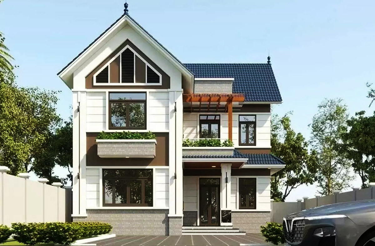 Nhà 2 tầng mái tôn chữ L nên đi kèm với thiết kế mái chữ A để tăng thêm sự sang trọng, hiện đại