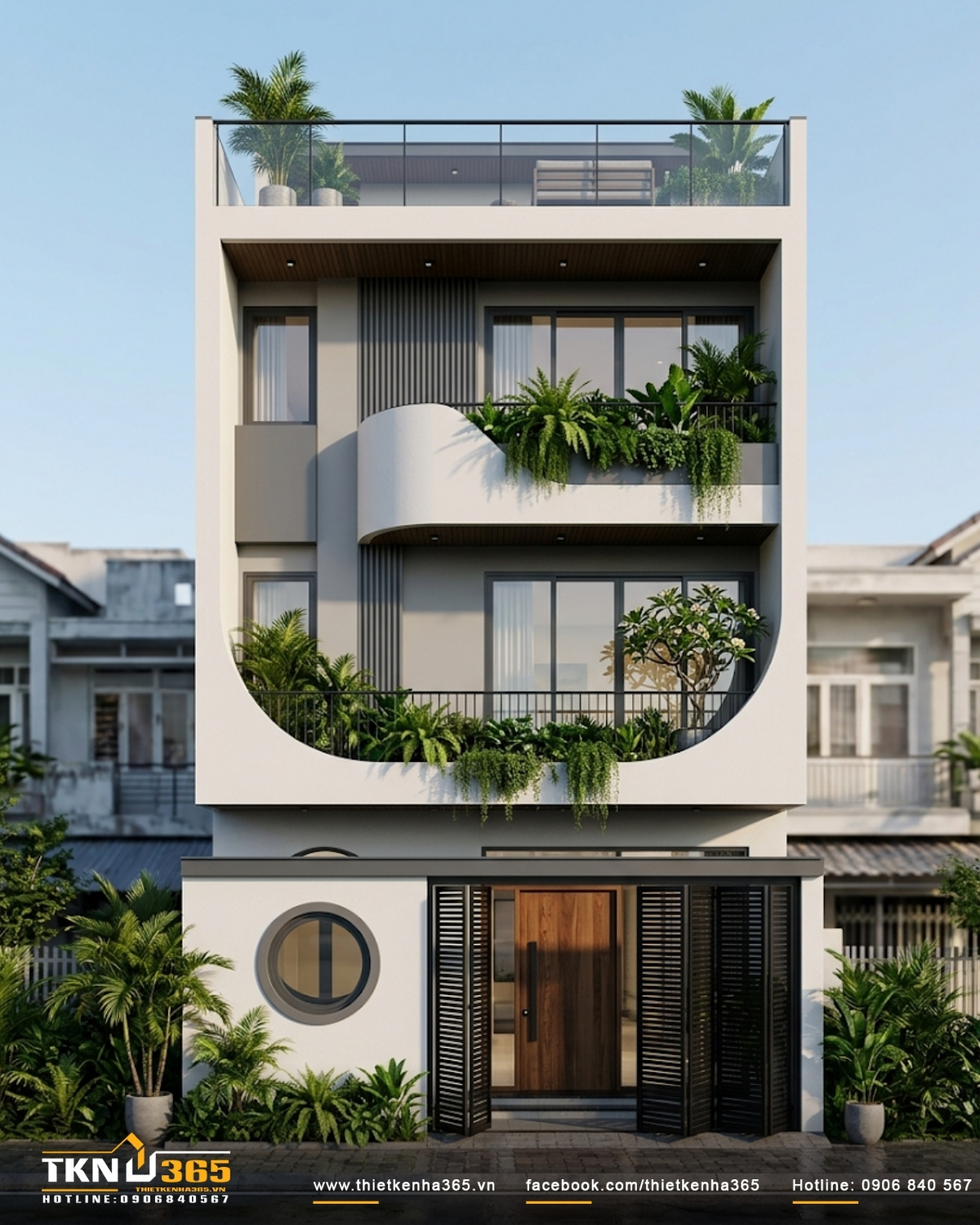 Mẫu nhà 1 trệt 2 lầu diện tích 3x7m hiện đại kết hợp không gian xanh