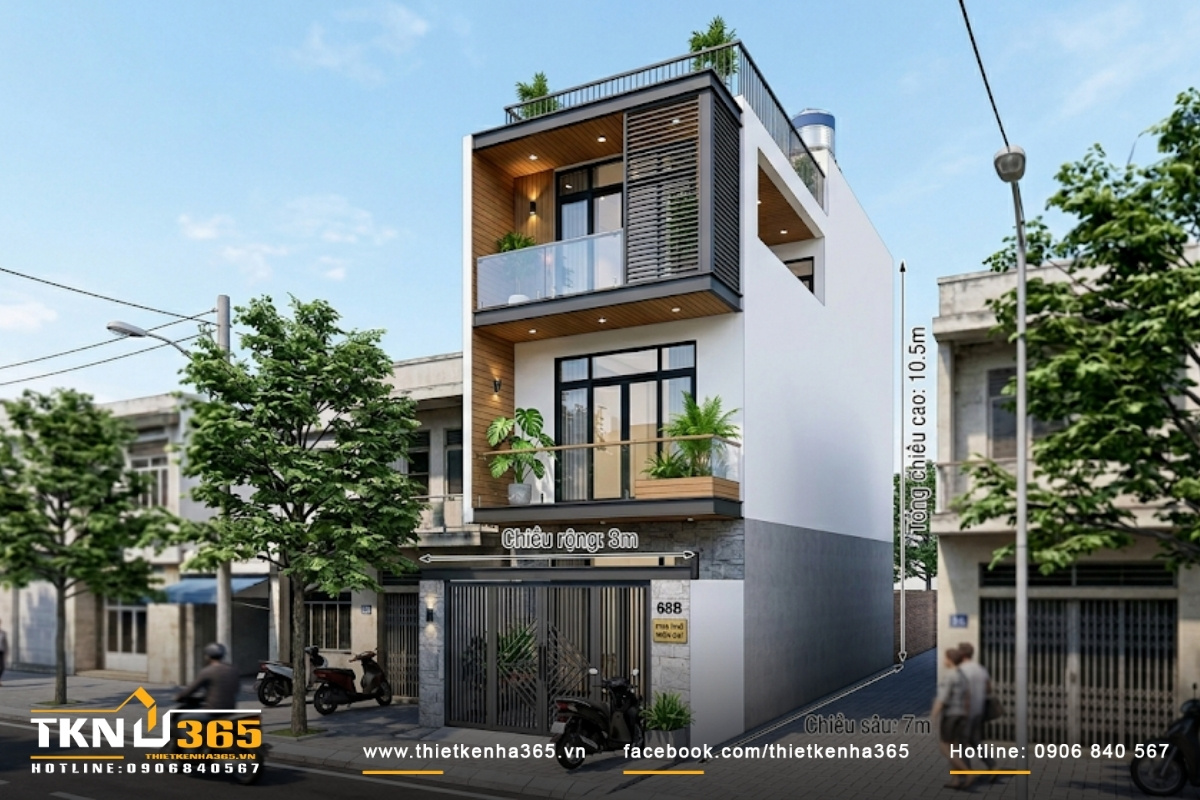 Mẫu nhà 1 trệt 2 lầu diện tích 3x7m hiện đại