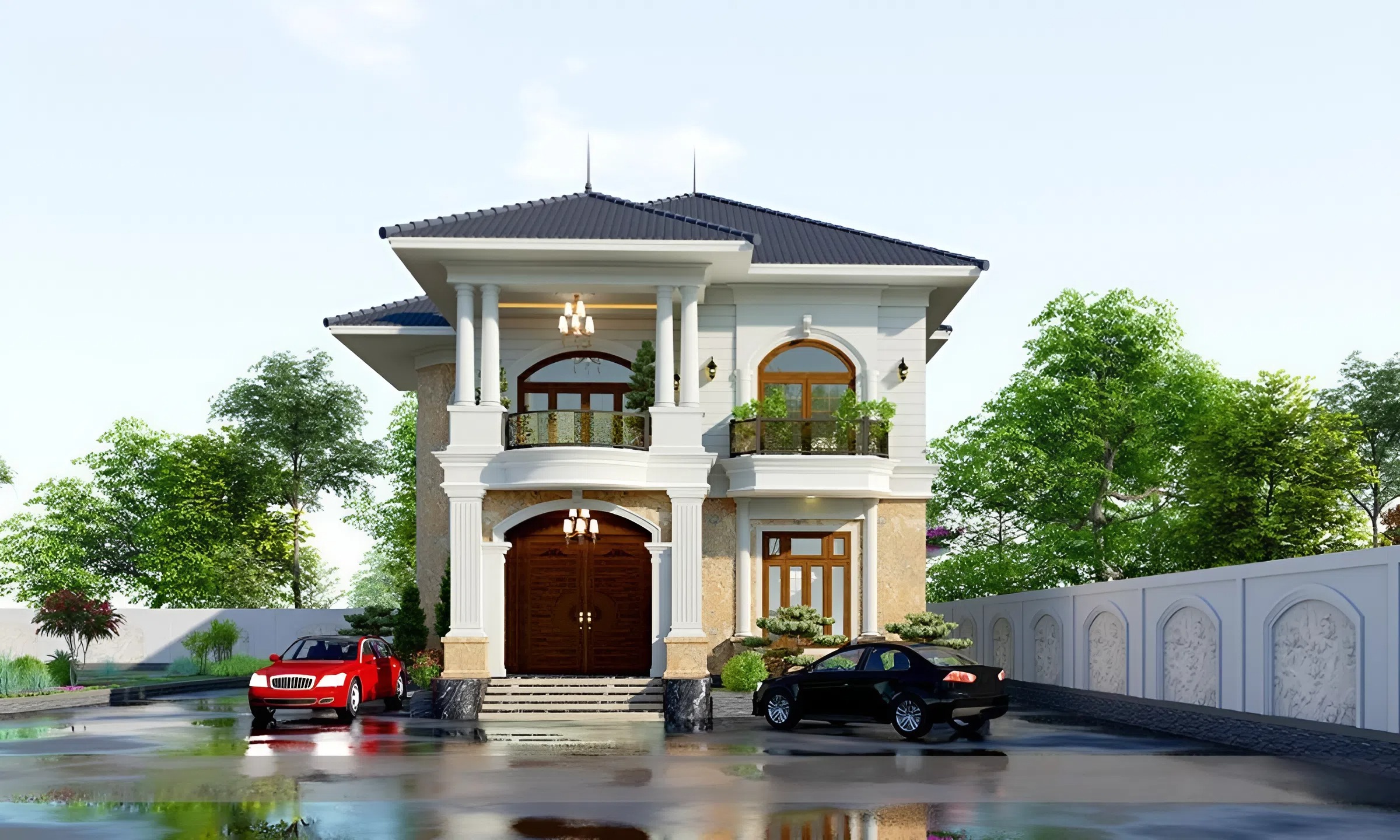 45+ Mẫu thiết kế nhà 120m2 được ưa chuộng nhất năm 2026 21 Khoảng sân trước và bên hông được sử dụng làm chỗ đậu xe cho gia đình, dễ dàng di chuyển, rộng rãi và thông thoáng