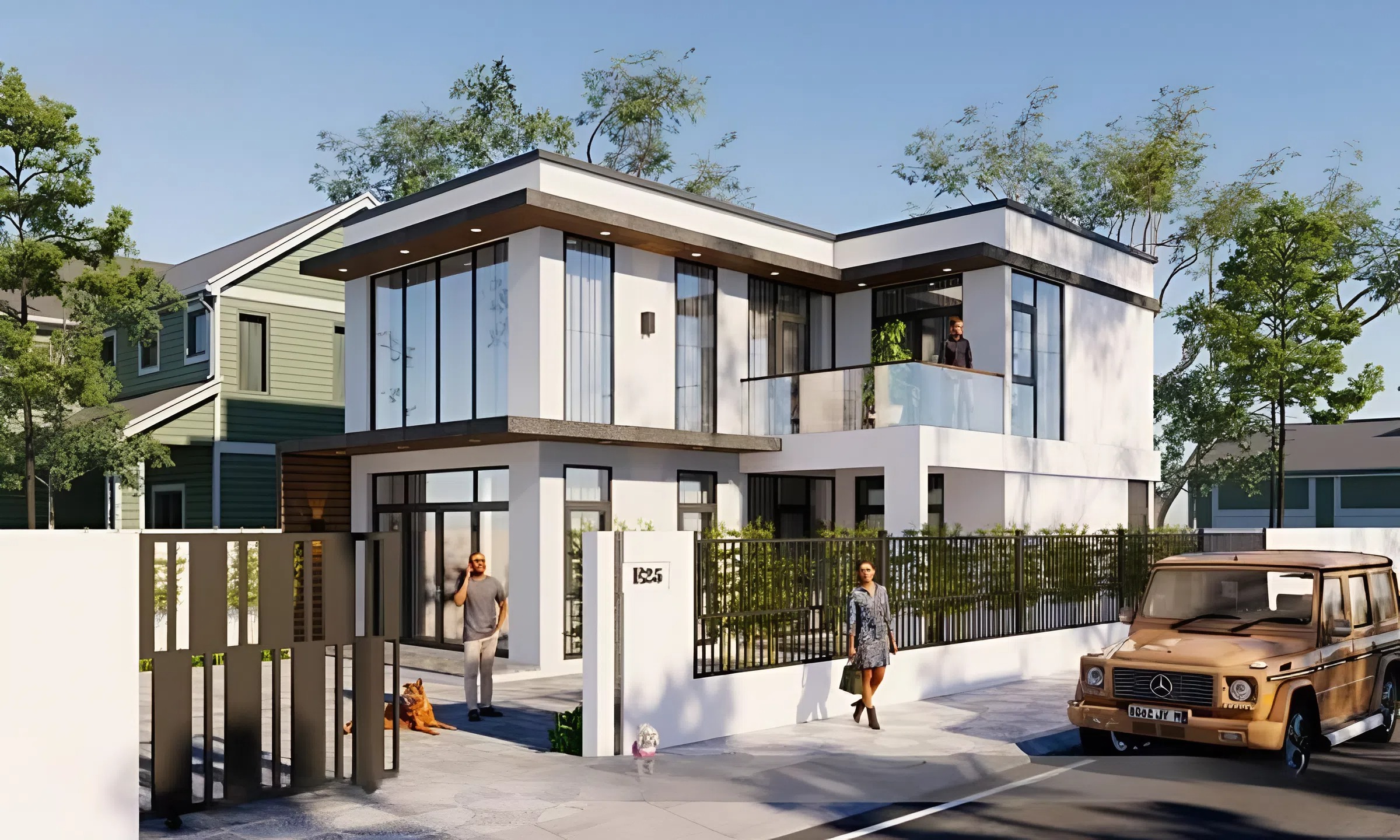45+ Mẫu thiết kế nhà 120m2 được ưa chuộng nhất năm 2026 22 Ngôi nhà khi nhìn vào trông rất giống một khu nghỉ dưỡng bởi sự kết hợp các gam màu gỗ, trắng, và xám