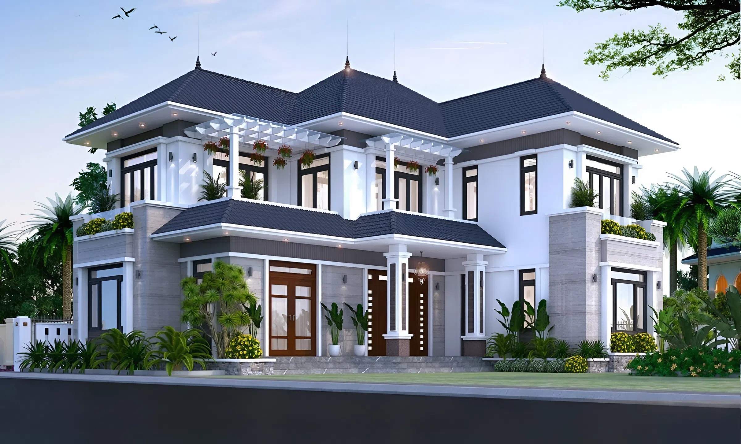 45+ Mẫu thiết kế nhà 120m2 được ưa chuộng nhất năm 2026 15 Biệt thự 2 tầng 120m2 chia 3 gian ấn tượng và khang trang