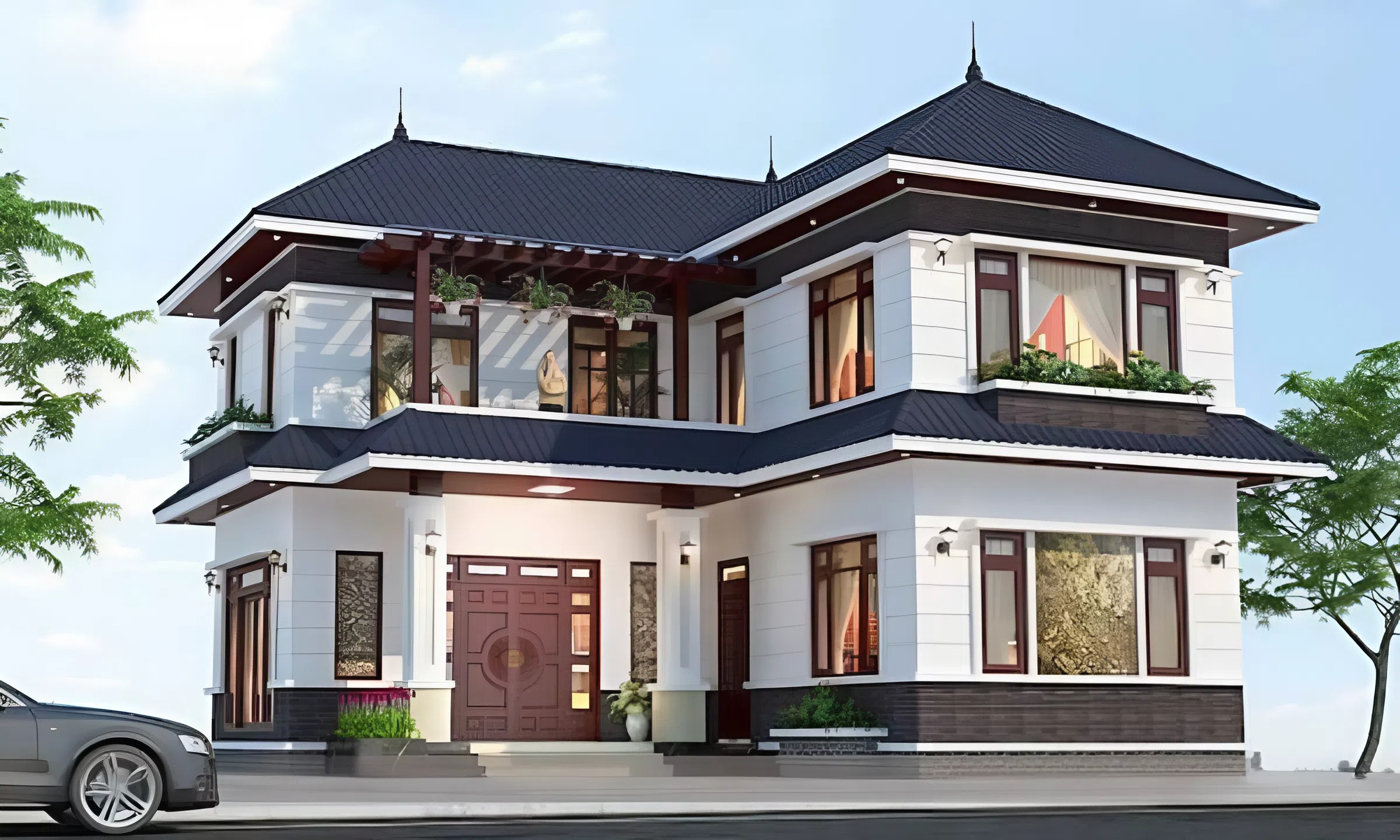 45+ Mẫu thiết kế nhà 120m2 được ưa chuộng nhất năm 2026 23 Bố trí thêm nhiều cây xanh xung quanh căn nhà trở nên tươi mát và thu hút người nhìn hơn.