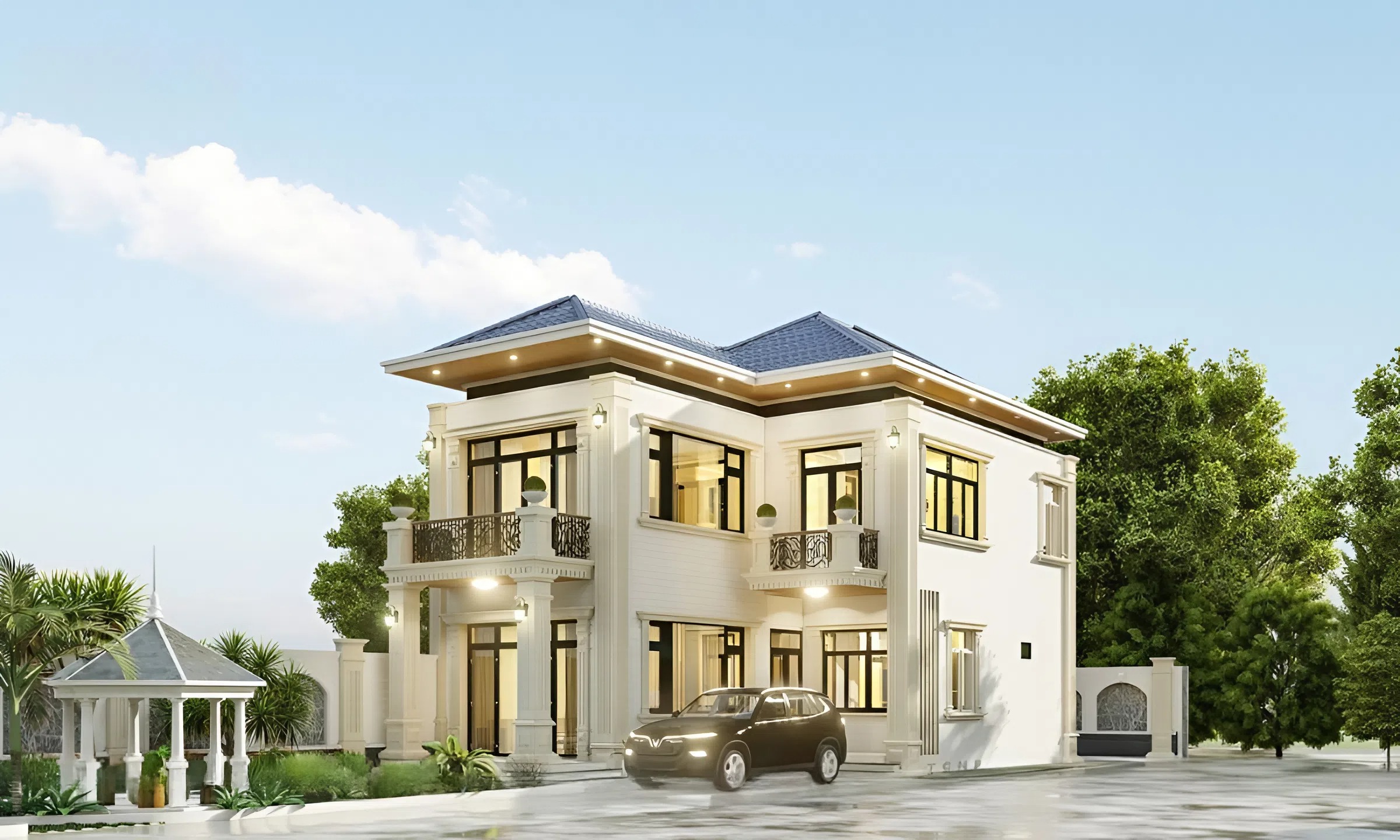45+ Mẫu thiết kế nhà 120m2 được ưa chuộng nhất năm 2026 2 Nhìn từ xa thiết kế nhà 120m2 nổi bật với bố cục đơn giản, lạ mắt
