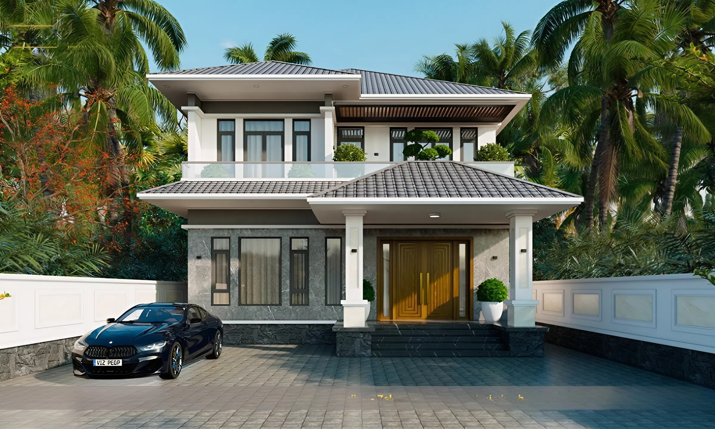 45+ Mẫu thiết kế nhà 120m2 được ưa chuộng nhất năm 2026 16 Mẫu thiết kế nhà 2 tầng 120m2 có khoảng sân rộng rãi, phục vụ sinh hoạt.