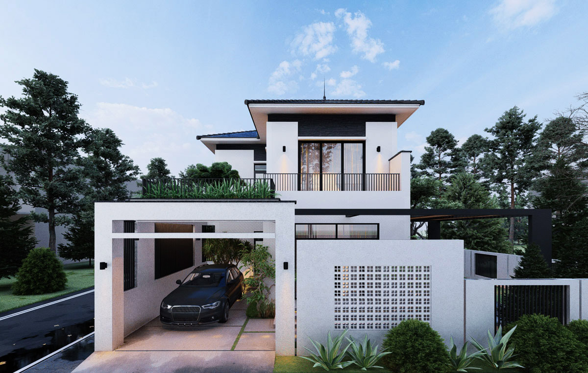 Thiết kế nhà 2 tầng có 3 phòng ngủ 80m2 có gara ô tô