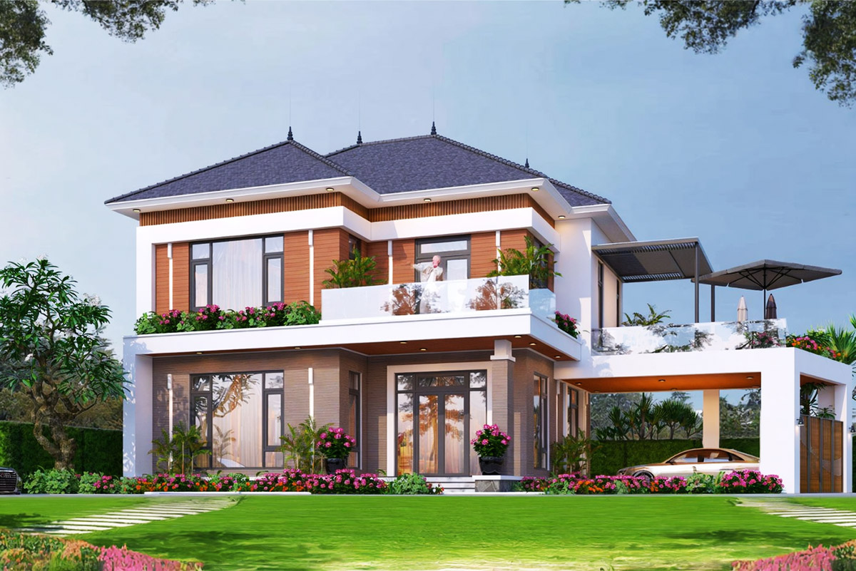 Mẫu nhà 2 tầng đẳng cấp giá khoảng 400 triệu với vườn cỏ xanh mướt