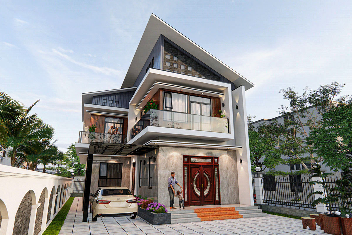 Mẫu thiết kế nhà 2 tầng giá 400 triệu ở nông thôn với mái lệch đẹp hiện đại