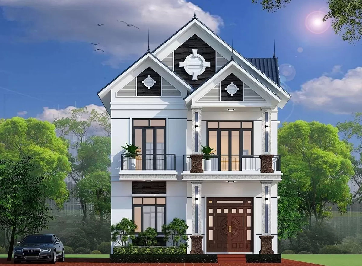 Ngôi nhà 2 tầng giá 400 triệu với mặt tiền thu hút nhờ sự kết hợp mái bằng và mái chóp nhọn.