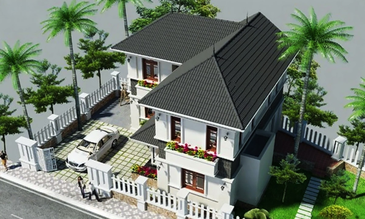 Thiết kế nhà 2 tầng mái tôn chữ L tạo nên không gian thoáng mát