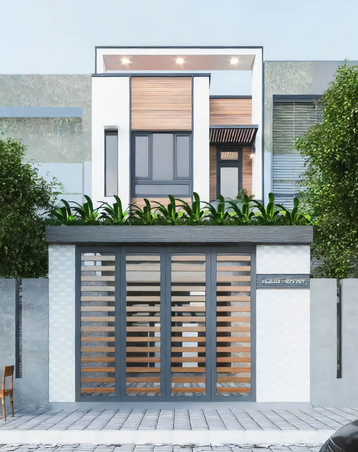 Thiết kế nhà 30m2 2 tầng, xây dựng đơn giản, cửa kính tạo cảm giác thông thoáng 